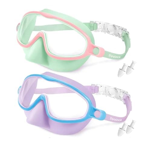 Vvinca Kids Swim Goggles with Nose Cover 2 Pack, Anti-Fog Waterproof Swimming Glasses for Boys Girls Age 12-15, Wide View Silicone Scuba Mask for Toddler Pool Beach Water Play - Image 1