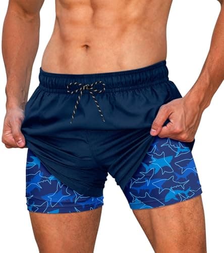 Cozople Mens Swim Trunks Blue Bathing Suit with Compression Liner Summer Quick Dry Swimming Shorts Ocean Shark Print Beach Shorts Swimwear S - Image 1