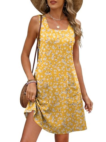 ANRABESS Womens Summer Tank Dress Square Neck Sleeveless Mini Sundress with Pocket 2026 Casual Floral Beach Vacation Outfits Floral Yellow Red X-Large - Image 1