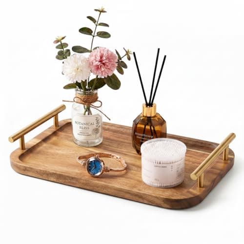 Bathroom Tray for Countertop Organizer,Vanity Tray with Gold Handle, Acacia Wood Tray for Bathroom Decor,Toilet Tank Tray, Multipurpose Organizer Rack for Lavatory, Bathroom, and Kitchen 11.8"x7.8" - Image 1