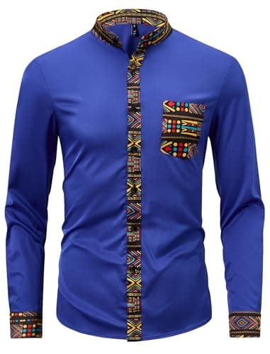 ZAFUL Men's Hipster African Tribal Graphic Patchwork Design Slim Fit Long Sleeve Button up Mandarin Collar Shirts (Blue Tribal Graphic L) - Image 1