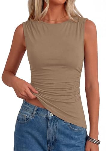 PRETTYGARDEN Boat Neck Tops for Women 2026 Spring Asymmetrical Sleeveless Slim Fit Blouses Summer Going Out Ruched Tank Top (Khaki,X-Small) - Image 1