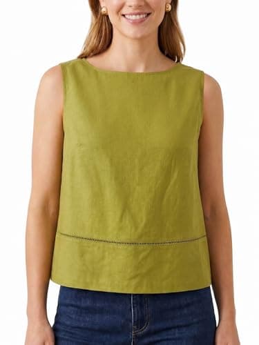 AceNest High Neck Tank Tops Linen Vest Plus Size Linen Crop Tops Boho Vacation Outfits Green XL - Image 1