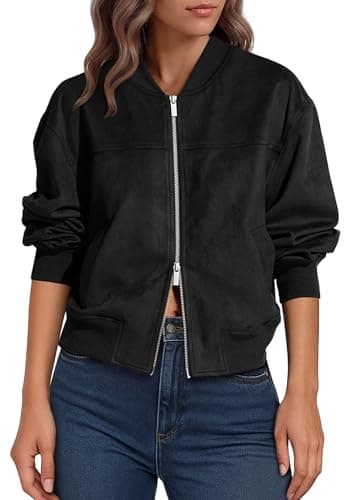 Lazysmile Women's Faux Suede Bomber Jackets Fall Fashion Outfits Winter Clothes Stand Collar Zip Up Coats Outwear with Pockets - Image 1