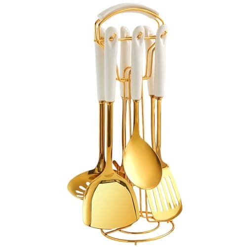 Novellus Stainless Steel Gold Kitchen Utensils Set with Holder, 7pcs Kitchen Accessories for Cooking Includes Soup Ladle, Metal Spatula, Slotted Spoon, Slotted Spatula, Pasta Spoon, White & Gold