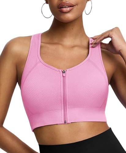 BRXL Front Zip Sports Bra Seamless Sewn in Pads Racerback Wide Straps Medium Impact for Running Yoga Gym Lilac Pink XS - Image 1