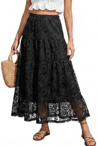 Ystguic Women's Casual Summer Spring Boho Lightweight Midi Skirt Ladies Lace Embroidery Ruffle High Empire Waist Elasticated A Line Flowy Beach Skirts X-Large Black YG086 XL - Image 1