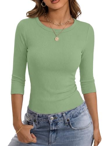 GKBK Womens 3/4 Sleeve Ribbed Tops Fitted Stretch Casual Crewneck Basic Tee Shirts Tight Layering 2025 Fall Fashion Outfits Light Green - Image 1