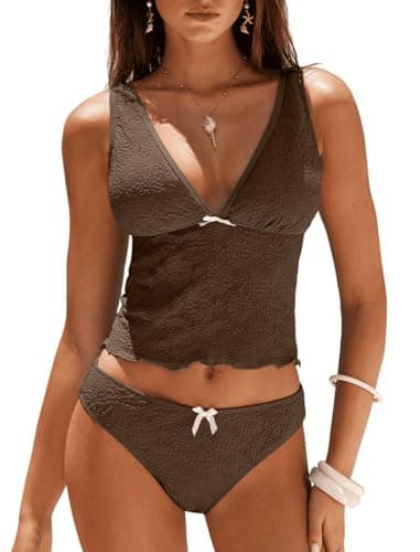 ZAFUL Cute Tankini Swimsuits for Women High Cut Lace Bathing Suit Tummy Control Two Piece Swimsuit 2026 Brown - Image 1