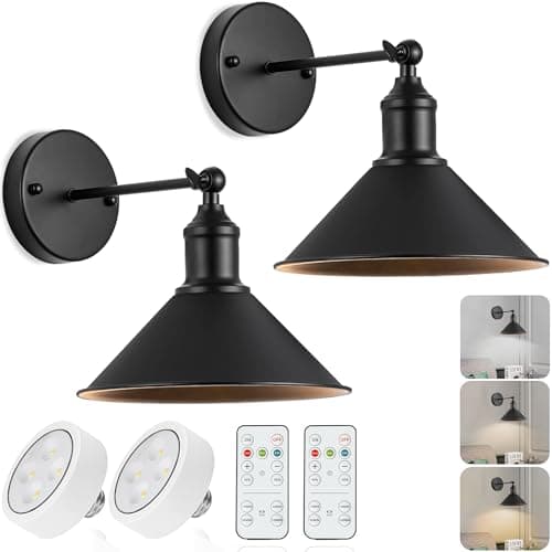 Vintage Black Wireless Battery Operated Wall Sconces, Cordless LED Wall Lights Set of 2 with Remote Control, for Bedroom, Farmhouse, Gallery - Easy Setup, Adjustable Brightness, Long-Lasting Battery - Image 1