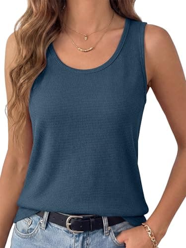 ANRABESS Tank Tops for Women Waffle Knit Scoop Neck Flowy Casual Sleeveless Shirts 2026 Summer Clothes Navy Blue Large - Image 1