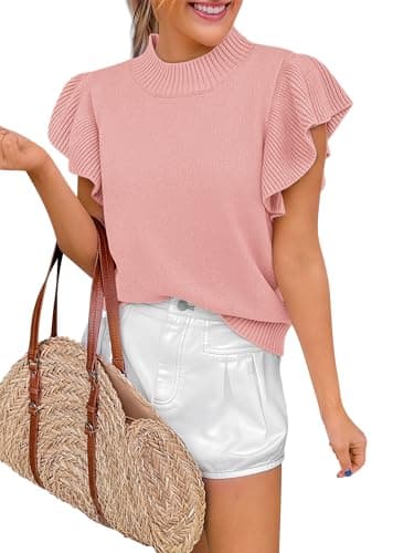 Womens Ruffle Short Sleeve Sweater Tops Summer Oversized Cropped Casual Mock Neck Lightweight Knit Pullover Sweaters Pink L - Image 1