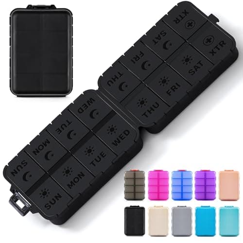 Foldable & Portable Pill Organizer 2 Times A Day with Extra Compartments - Etched Labels - Weekly 7 Day AM PM Medicine Box, Week Daily Travel Pill Case Holder Dispenser for Vitamin, Supplement - Black - Image 1