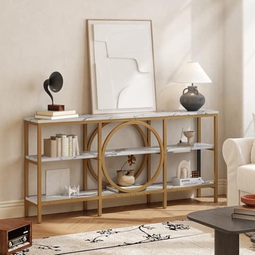 Tarnorci Couch Table Behind Sofa, 3-Tier Entryway Table with Storage, 66.9'' White Wood Display Console Tables Sofa Tables for Living Room (White+Champagne Gold) - Image 1