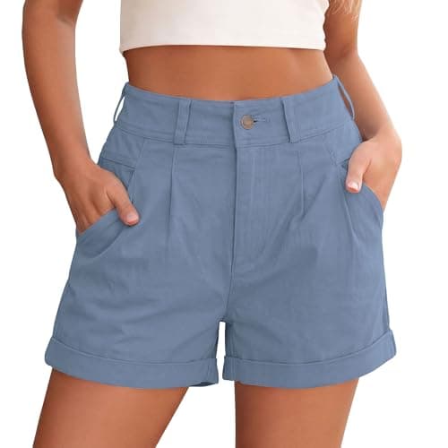 PRETTYGARDEN High Waisted Shorts Women 2026 Summer Business Casual Trousers Pleated Tailored Cuffed Bottoms with Pockets(Grey Blue,Medium) - Image 1
