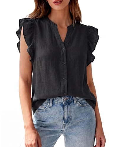 Zenlonr Women's Ruffle Short Sleeve Summer Tops 2026 V Neck Button Down Shirt Solid Color Going Out Tops Black - Image 1