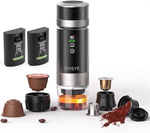 OMEYE Portable Espresso Maker for Camping Travel Office – 20 Bar Self-Heating Cordless Coffee Machine, LED Display, Dual 7500mAh Battery, USB-C, Compatible with Small/Large Capsules & Ground Coffee - Image 1