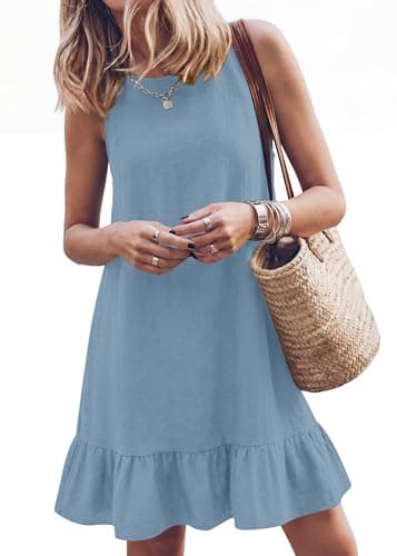 KIRUNDO Women's Casual Summer Dresses 2026 Spring Sleeveless Shift Tank Mini Dress Flowy Ruffle Hem Beach Vacation Sundress(Blue, XX-Large)