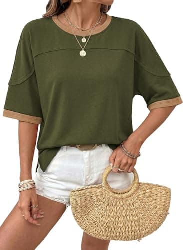 Dokotoo Summer Tops for Women 2026 Casual Crewneck 3/4 Sleeve Color Block Oversized T Shirts Lightweight Loose Fit Pullover Cute Blouse Basic Tee Shirt Fashion Clothes Green Medium - Image 1