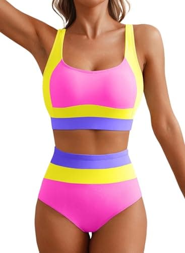 Herseas Womens Two Piece Bikini Sets Color Block Swimsuit Wire Free Stretchy Tummy Control Flattering Bathing Suit 2026 Summer Beach Trendy Sporty Vacation Outfits Pink Yellow Large - Image 1