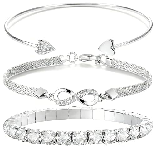 14K Silver 3PCS Stackable Crystal Bracelet Set – Heart & Infinity Symbol Cuffs, Elegant Women's Jewelry, Ideal Gift Option - Image 1
