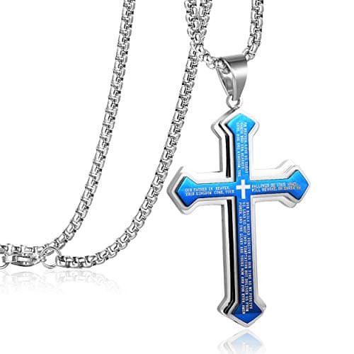 Rehoboth Men's Stainless Steel Nail Lord's Prayer Cross Pendant Necklace for Men Big Pendant and Strong Chain 24 Inch Blue - Image 1