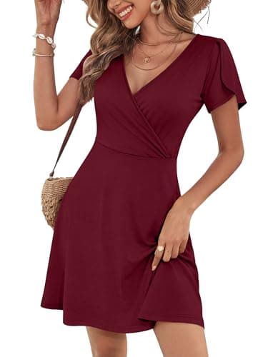 ANRABESS Womens Summer Dresses Short Sleeve Wrap Deep V Neck A-Line Floral Dress Causal Flowy Boho Beach Vacation Sundress Burgundy L