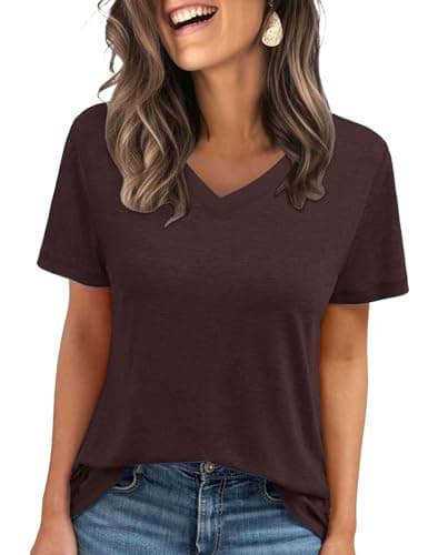 C.O.Z.Y Short Sleeve T-Shirts V Neck T Shirts for Women Light Weight Casual Summer Top Outfit Clothes 2025 Wine Red L - Image 1