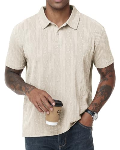 ZKMAN Men's Polo Shirt Knit Textured Stretchy Casual Short Sleeve Collared Button Split Loose Fit Summer Golf Shirts(Beige XL) - Image 1