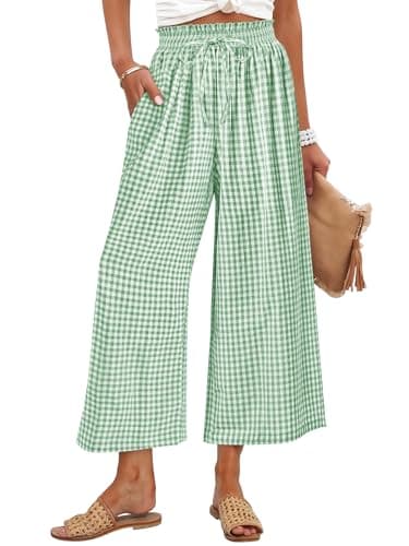 ANRABESS Womens Striped Gingham Palazzo Capri Pants Pajama Wide Leg Lounge Trousers Plaid Cute Crop PJ Bottoms with Pockets Green White Plaid Small - Image 1