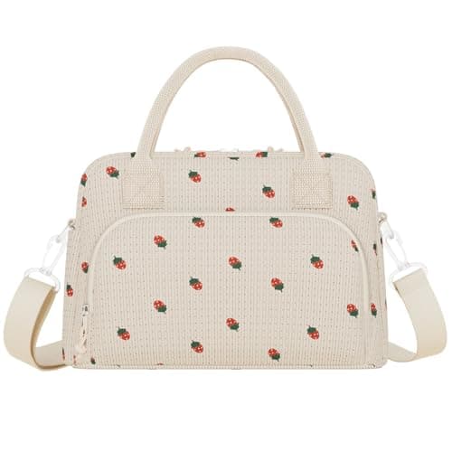 Neverwhy Insulated Lunch Bag - Cute Lunch Box for Women - Large Corduroy Reusable Lunch Box Leakproof Portable Cooler Tote Bags for Work Picnic Beige Strawberry (Red) - Image 1