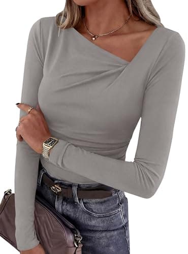 PRETTYGARDEN Women's 2026 Long Sleeve T Shirts Asymmetrical Y2K Slim Fitted Going Out Trendy Tops Early Fall Fashion Clothing (Grey,Small) - Image 1