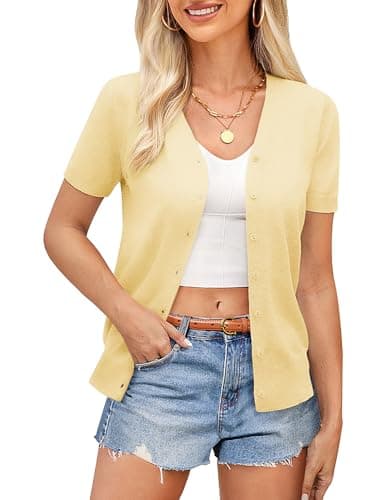 GRACE KARIN Womens Lightweight Summer Cropped Cardigan Yellow Short Sleeve Cardigan Sweaters for Women Fashion Clothing (Light Yellow,2XL) - Image 1