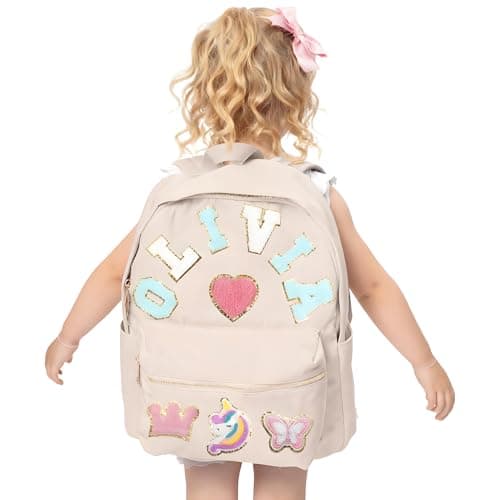 ROSLILY Custom Backpacks for Girls Boys Kids Personalized Back To School Backpack With Name Patch Nylon School Backpack for Birthday Christmas, Beige - Image 1