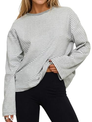 Flowyair Womens Oversized Striped Long Sleeve Shirts Casual Trendy Crew Neck Cotton Tops Drop Shoulder Loose Fit T Shirts Grey - Image 1