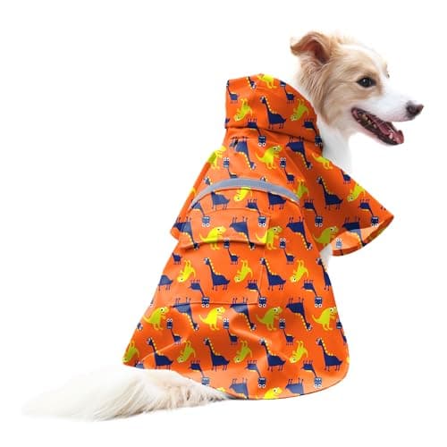 NACOCO Large Dog Raincoat Adjustable - Pet Dinosaurs Water Proof Clothes Lightweight Rain Jacket Poncho Hoodies with Strip Reflective Blue (XXL, Orange Dinosaur)