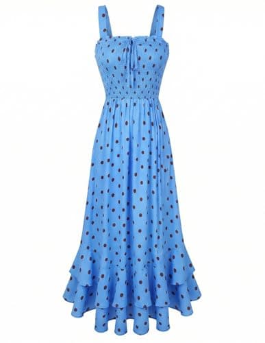 GRACE KARIN Women's 2026 Summer Floral Boho Dress Square Neck Strapped Swing A Line Sundress Beach Long Maxi Outfits Blue Dots 2XL - Image 1