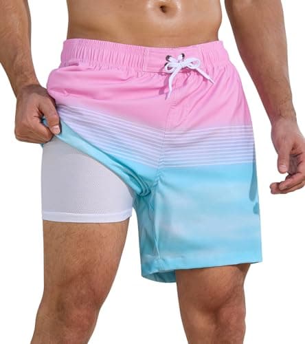 SILKWORLD Mens Swim Trunks 2 in 1 Quick Dry Bathing Suit with Compression Liner Beach Shorts with Zipper Pockets, Pink Blue, X-Large - Image 1