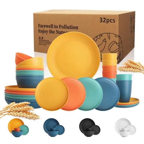 Wrova Wheat Straw Dinnerware Set of 32, Unbreakable Dinner Plates and Bowls Dishes Sets Service for 8,Dishwasher Safe Dinnerware Sets for Kitchen and Camping.Vibrant Series - Image 1
