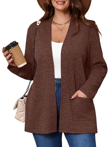 AusLook Women's Plus Size Lightweight Open Front Cardigan Dark Coffee 5X Causal Long Sleeve Sweater Cover Ups Jacket Shrugs Tops Shawls and Wraps Kimono - Image 1
