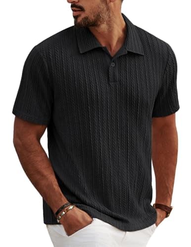 PJ PAUL JONES Mens Polo Shirts Stretchy Textured Dress Polo Shirts Regular Fit Casual Business Golf Polo Black - Image 1
