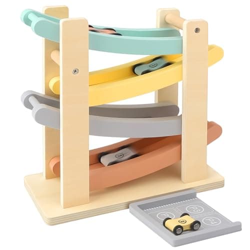 Joyreal Montessori Toddler Toys for 1 2 Year Old - 4 Level All-Wooden Car Ramp Racer Toys with 4 Mini Cars & Garages - Christmas Birthday Gifts for 1-3 Year Old Boys and Girls - Image 1