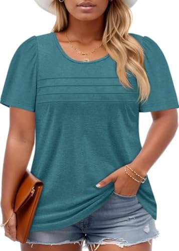 Imily Bela Womens Plus Size Tops 2025 Dressy Casual Short Sleeve Tunic Summer Crew Neck Flowy Pleated Tees - Image 1