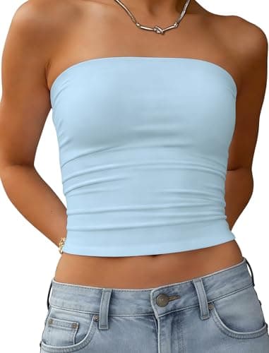 Matunana Women's Tube Top Strapless Crop Basic Y2K Summer Bandeau Tops Blue - Image 1