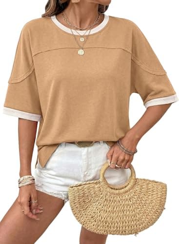 Dokotoo Summer Tops for Women 2026 Color Block 1/2 Sleeve Crewneck Summer Tops Trendy Dressy Casual Loose Lightweight Comfy Basic Tee Shirts Fashion Blouses Smoke Gray X-Large - Image 1