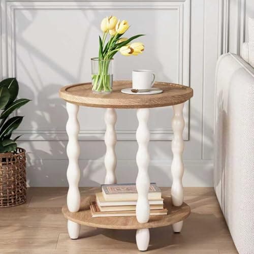 Round End Table, 2-Tier Farmhouse End Table, 18.5'' Handcrafted Weathered Look Wooden Nightstand, Pine Leg, Small Side Tables for Living Room, Small Space, Bedroom, Boho, Easy Assembly, Cream Beige - Image 1