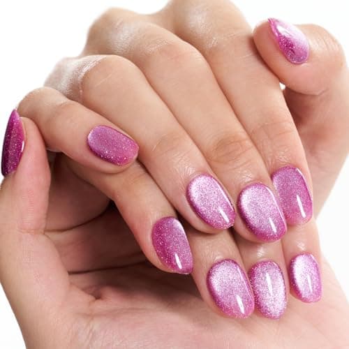 GLAMERMAID Press on Nails Short Oval, Light Purple Cat Eyes Handmade Fall Gel Glue on Nails, 24Pcs Glossy Round Reusable UV Finish Fake Nails Acrylic False Nails Manicure Kits for Women
