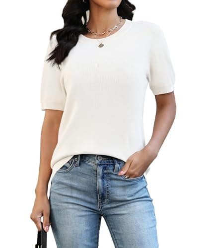 NILOUFO Pullover Sweaters for Women Short Sleeve Sweater Top White - Image 1