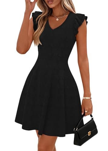 Lazysmile Summer Dresses for Women Ruffle Short Sleeve V Neck A Line Swing Ribbed Knit Casual Mini Short Dress Black - Image 1
