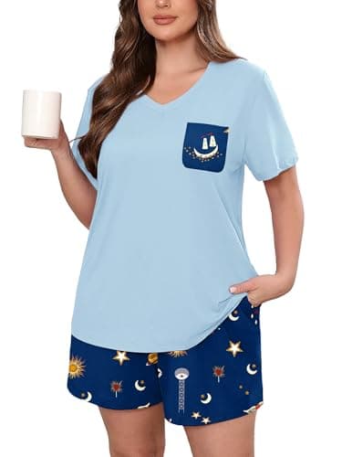 AusLook Plus Size Pajama Set for Women 2 Piece V Neck Short Sleeve Loungewear 2X Set with Pajama Printed Shorts Summer Sleepwear Loose Fit 1X-5X - Image 1